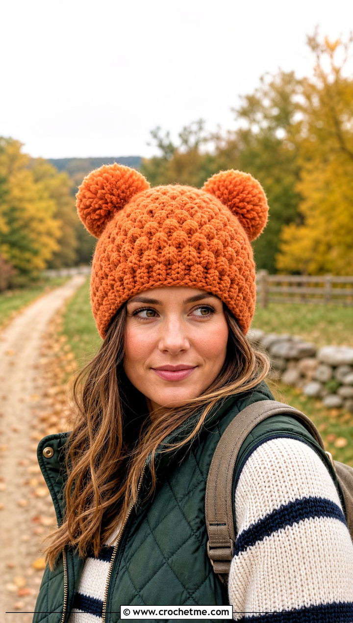 Popcorn Stitch Double Pom Hat With Quilted Vest - 20 Crochet Hat With Two Pom Poms outfit ideas
