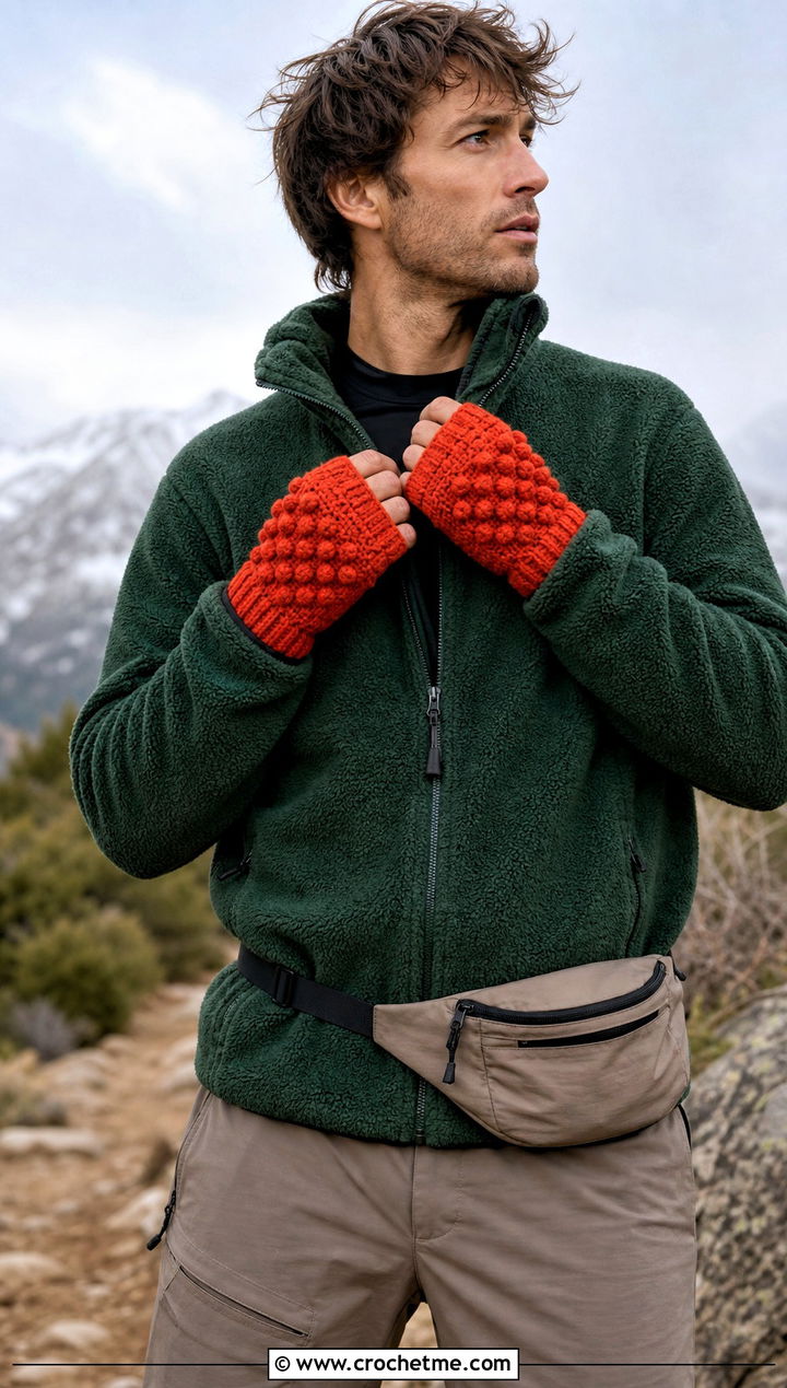 Popcorn Stitch Fingerless Crochet Gloves With Fleece Jacket - 25 men's crochet gloves outfit ideas