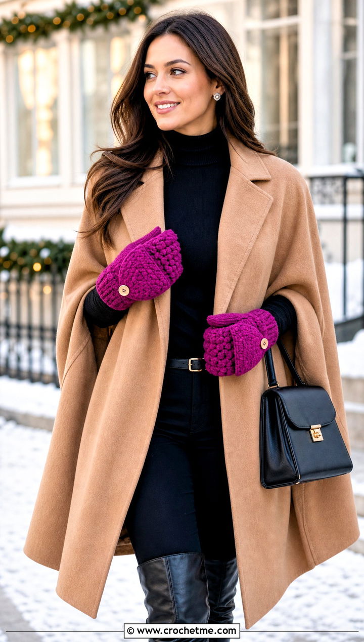 Popcorn Stitch Flip Top Mittens With Cape Coat and Boots - 20 Convertible Crochet Gloves outfit ideas