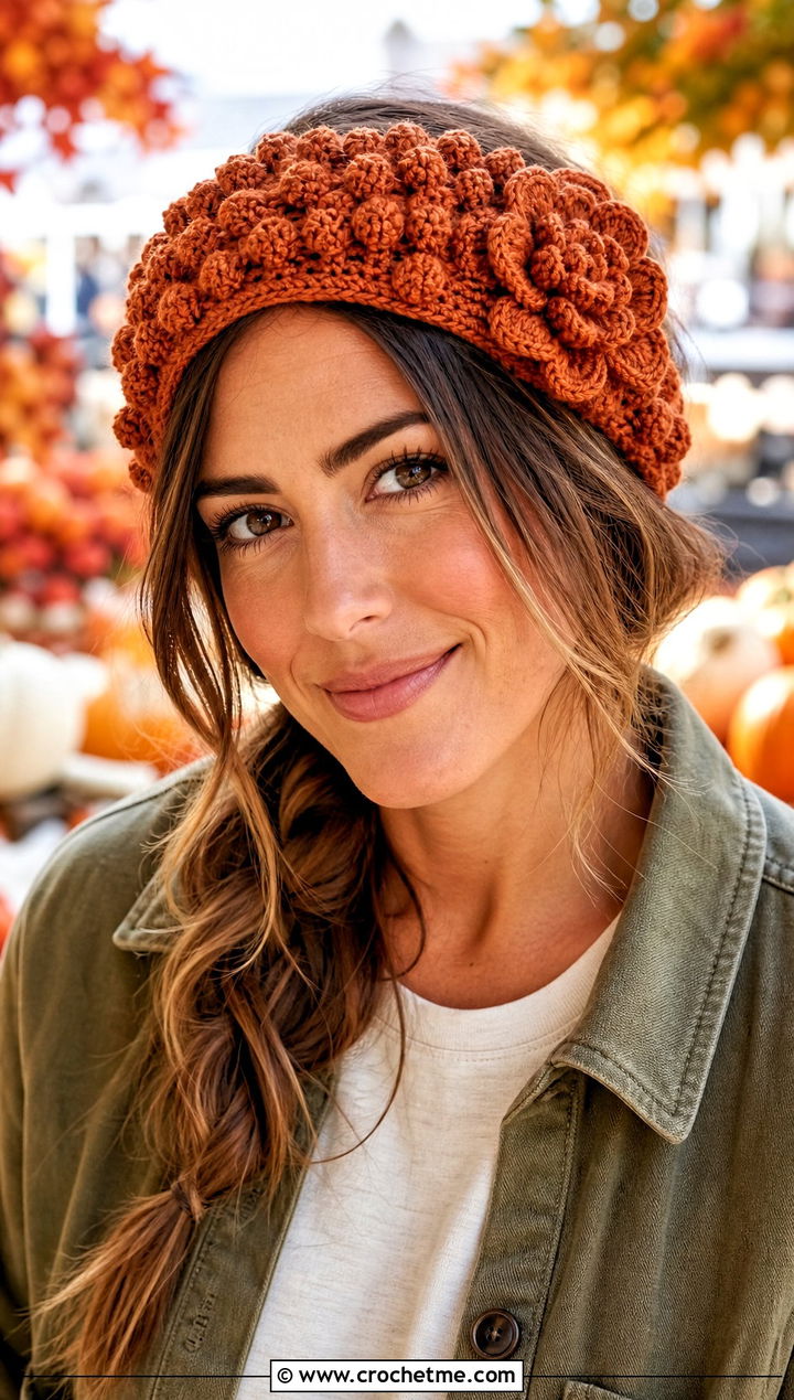 Popcorn Stitch Flower Headband With Shacket And Corduroy Pants - 30 crochet headband with flower outfit ideas