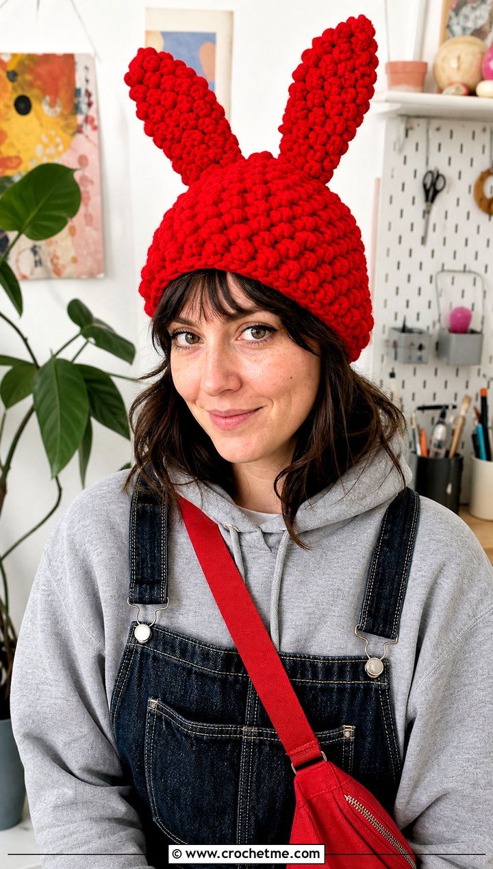 Popcorn Stitch Louise Crochet Bunny Ear Hat With Hoodie And Denim Overalls - 25 Louise Crochet Hat outfit ideas