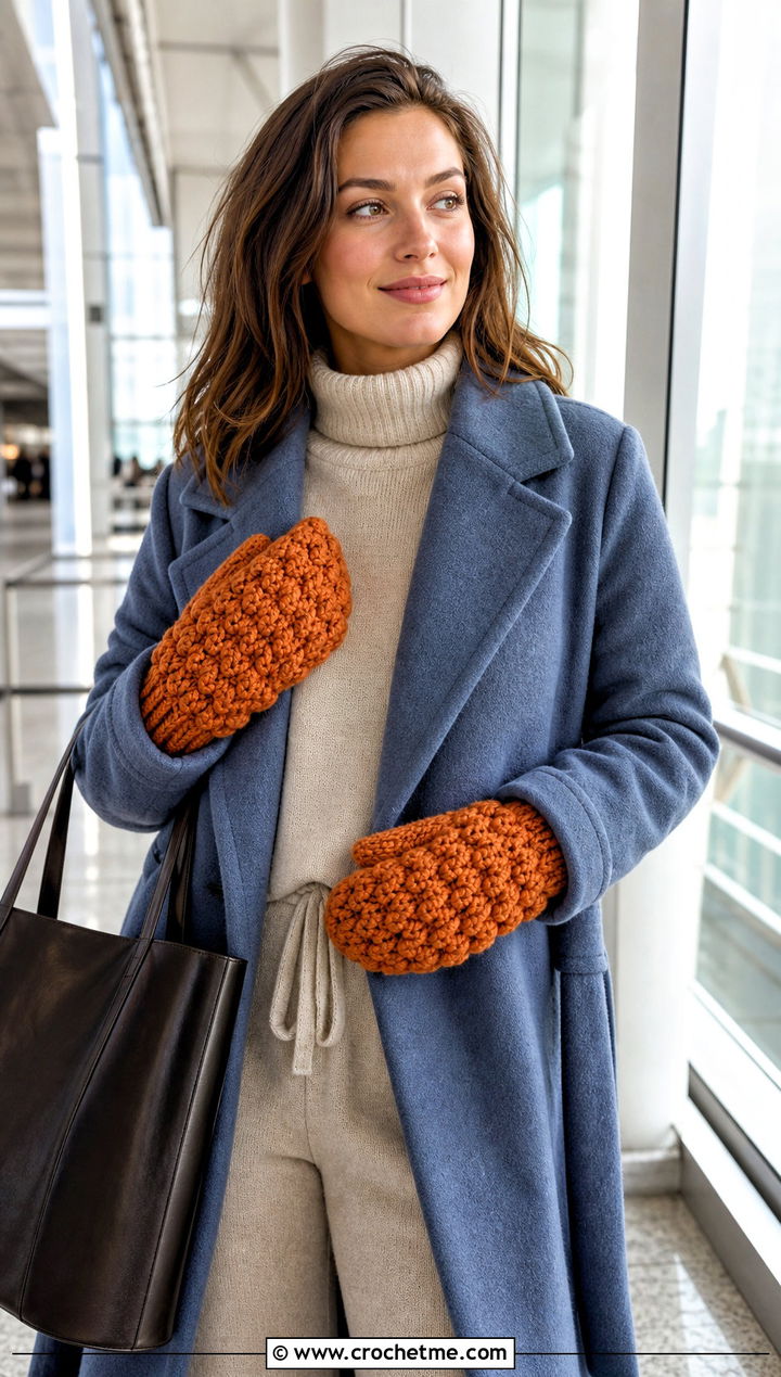 Popcorn Stitch Mittens With Monochrome Knit Set - 15 vintage crochet mitten outfit ideas
