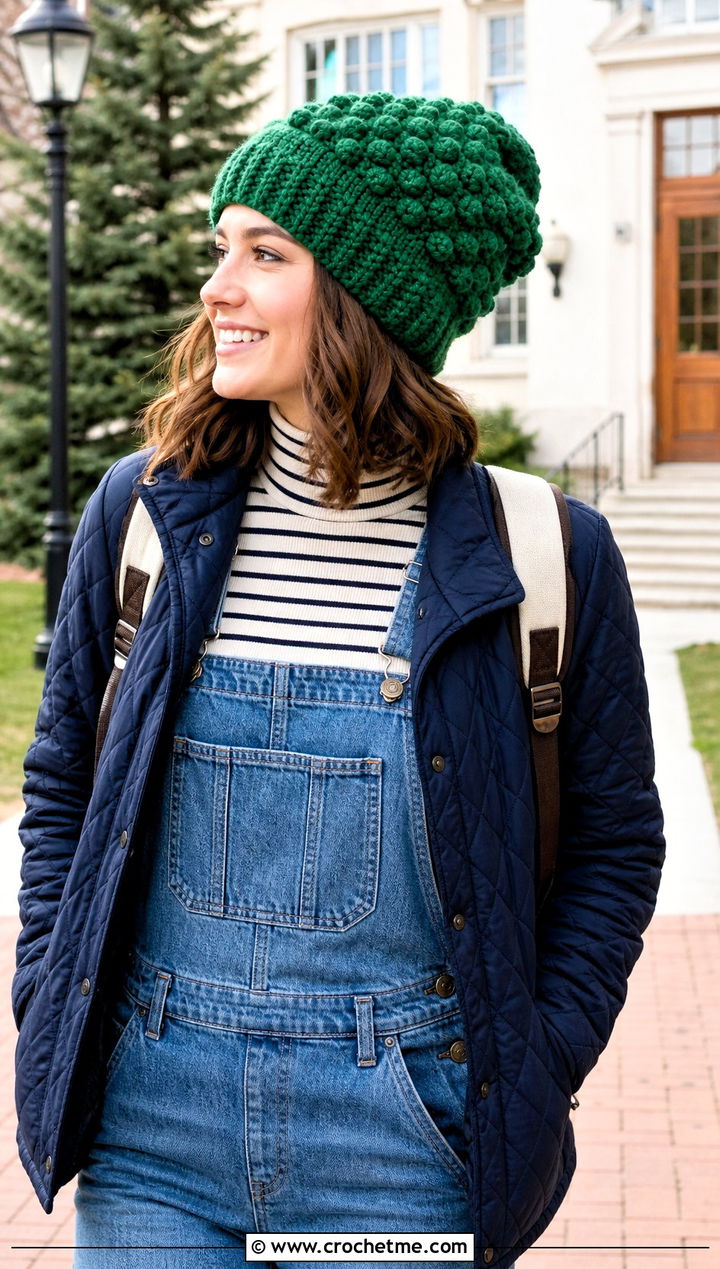 Popcorn Stitch Oversized Crochet Beanie With Denim Overalls - 15 Oversized Crochet Beanie outfit ideas