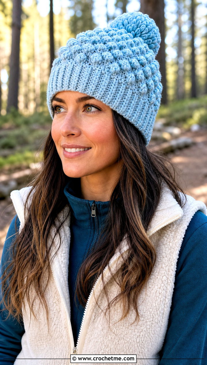 Popcorn Stitch Pom Pom Beanie With Fleece Vest - 30 crochet beanie with pom pom outfit ideas
