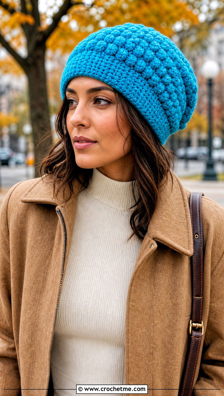 Popcorn Stitch Slouchy Crochet Beanie With Denim Skirt - 25 Easy Slouchy Crochet Beanie outfit ideas