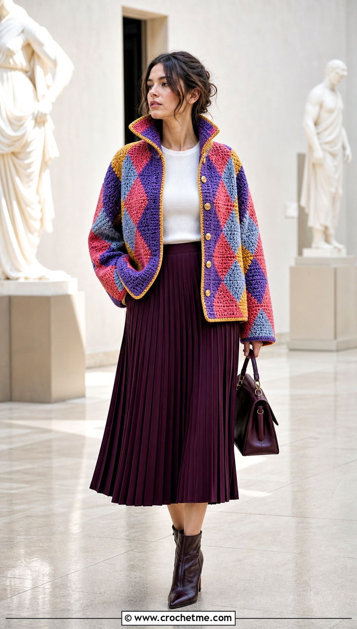 Popped Collar Howls Crochet Jacket With Pleated Skirt - 25 Howl's Crochet Jacket outfit ideas