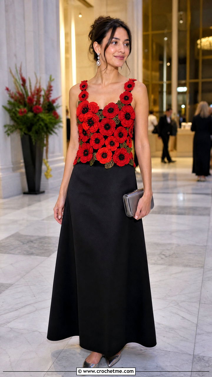 Poppy Applique Tank Top With Black Maxi Skirt - 35 crochet flower tank top outfit ideas