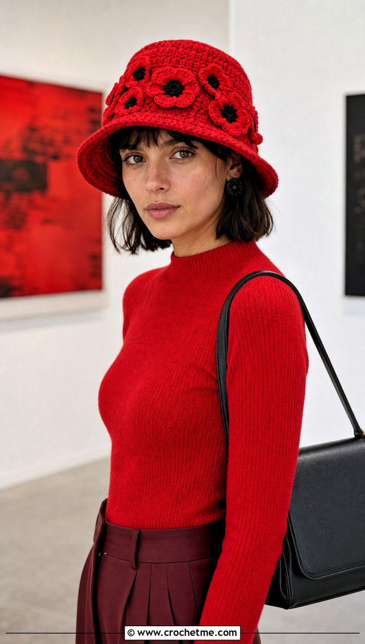 Poppy Crochet Bucket Hat With Monochrome Red Outfit - 15 crochet bucket hat with floral outfit ideas