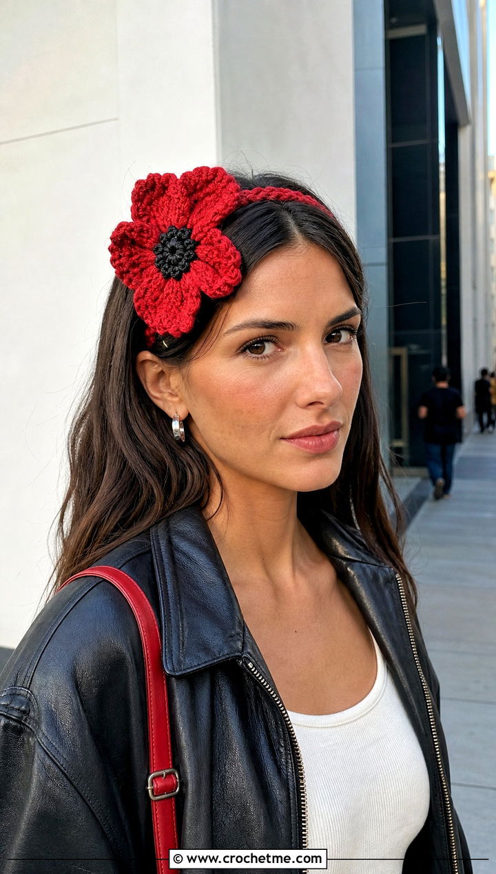 Poppy Flower Crochet Headband With Leather Jacket - 15 colorful crocheted headband with flower outfit ideas