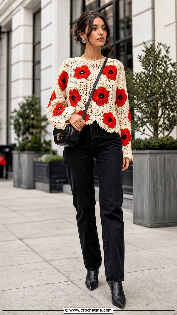 Poppy Flower Crochet Top With Black Jeans - 35 crochet floral top outfit ideas