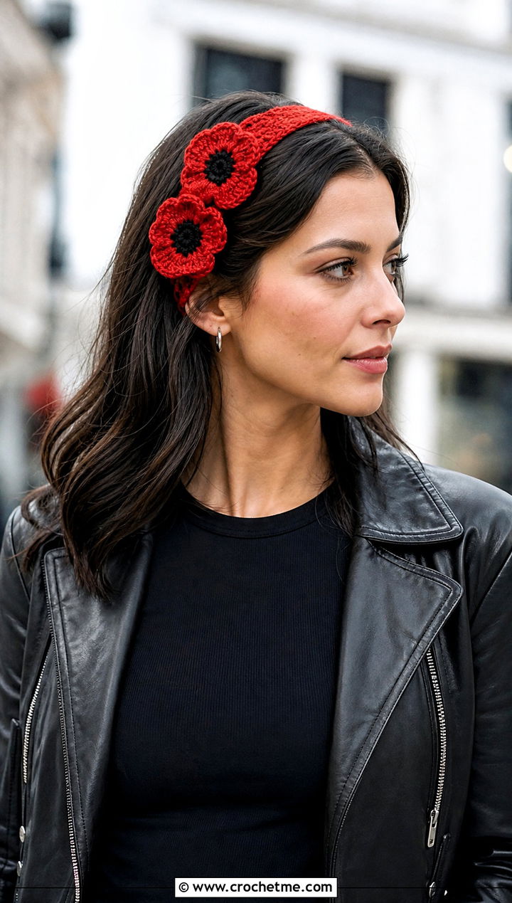Poppy Flower Elastic Crochet Headband With Leather Jacket Outfit - 15 crochet flower headband with elastic outfit ideas