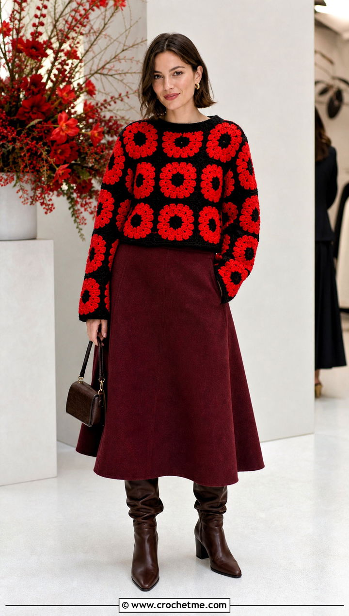 Poppy Flower Granny Square Sweater With Red Midi Skirt - 30 flower granny square sweater outfit ideas