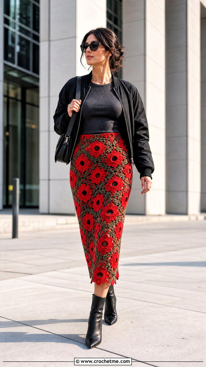Poppy Motif Crochet Midi Skirt With Bomber Jacket - 35 crochet flower skirt outfit ideas