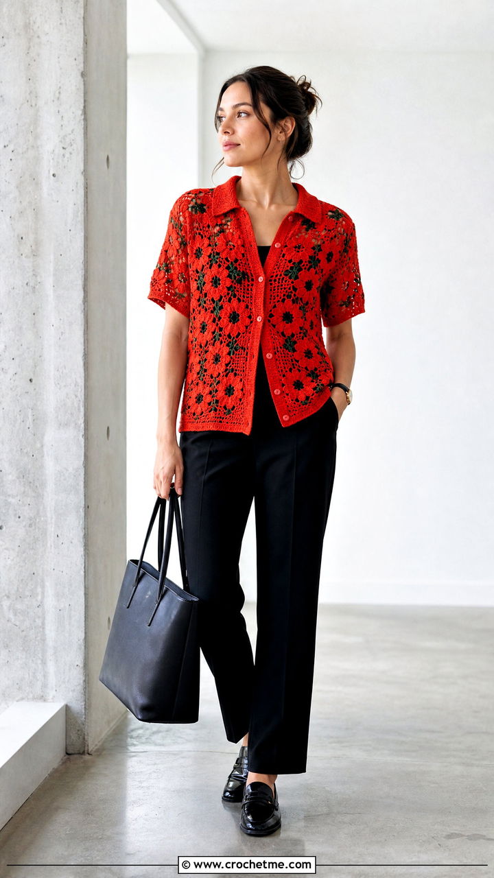 Poppy Motif Crochet Shirt With Black Tailored Pants - 35 Crochet Flower Shirt outfit ideas