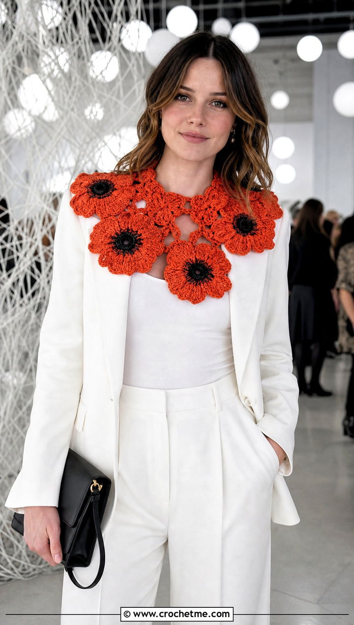 Poppy Statement Collar With White Pantsuit - 15 handmade floral crochet collar outfit ideas