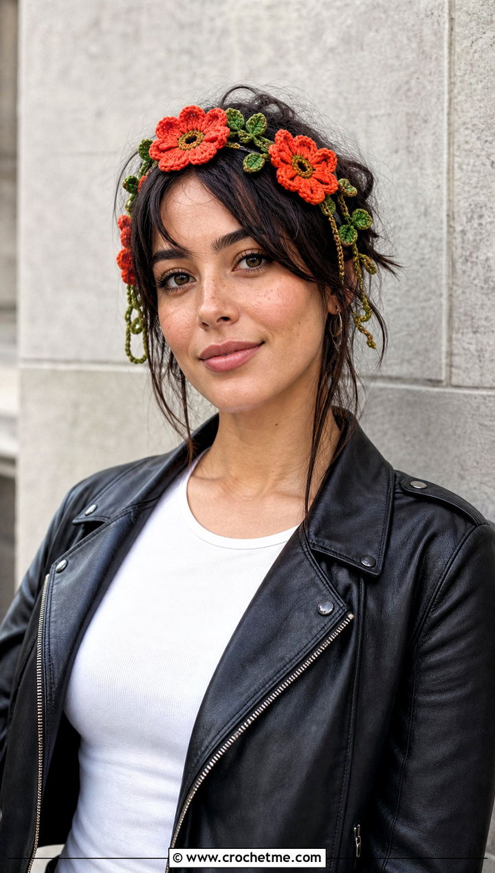 Poppy Vine Headband With Leather Jacket And Black Jeans - 30 crochet headband with flower outfit ideas