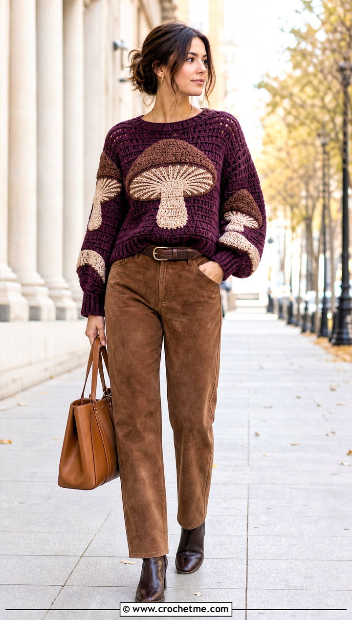 Portobello Mushroom Crochet Sweater With Suede Pants - 25 mushroom crochet sweater outfit ideas