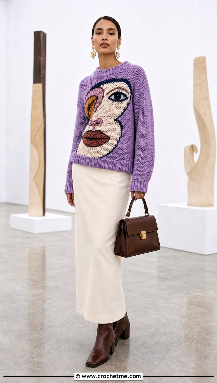 Portrait Crochet Graphic Sweater With Column Skirt - 30 crochet graphic sweater outfit ideas