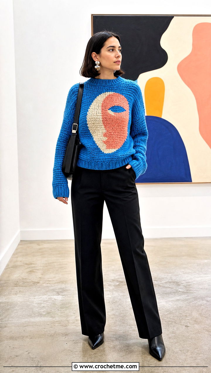 Portrait Tapestry Crochet Jumper With Tailored Black Pants - 30 Tapestry Crochet Jumper outfit ideas
