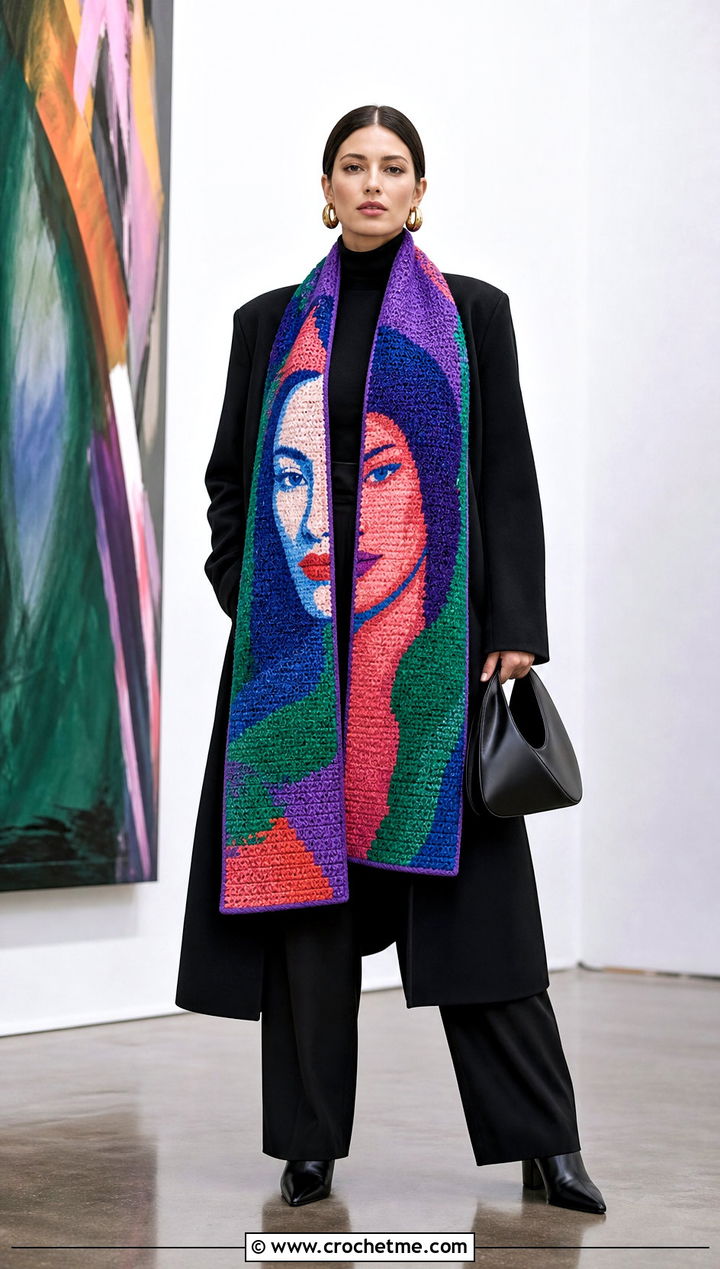 Portrait Tapestry Crochet Scarf With All Black Outfit - 35 tapestry crochet scarf outfit ideas