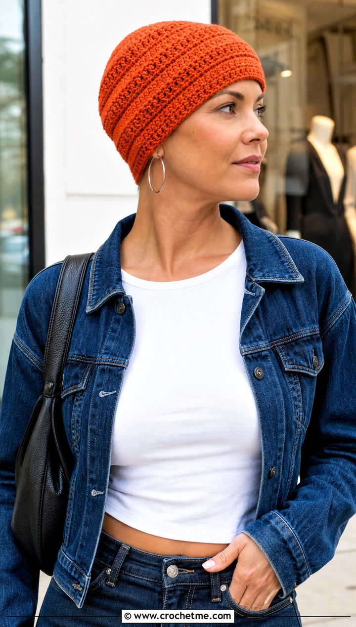 Post Stitch Crochet Chemo Beanie With Wide Leg Jeans - 20 Easy Crochet Chemo Hats outfit ideas