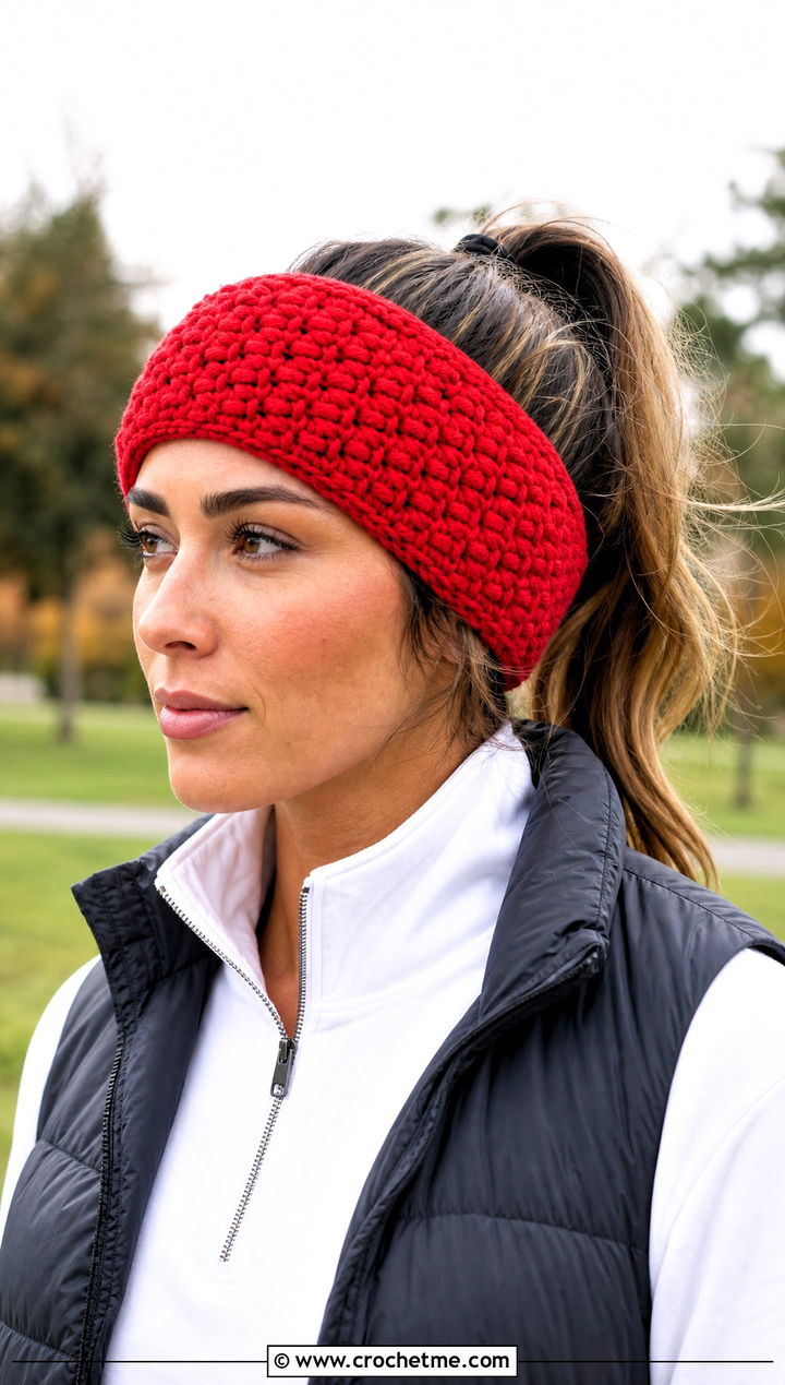 Post Stitch Crochet Headband With Puffer Vest - 30 crochet fall headband outfit ideas