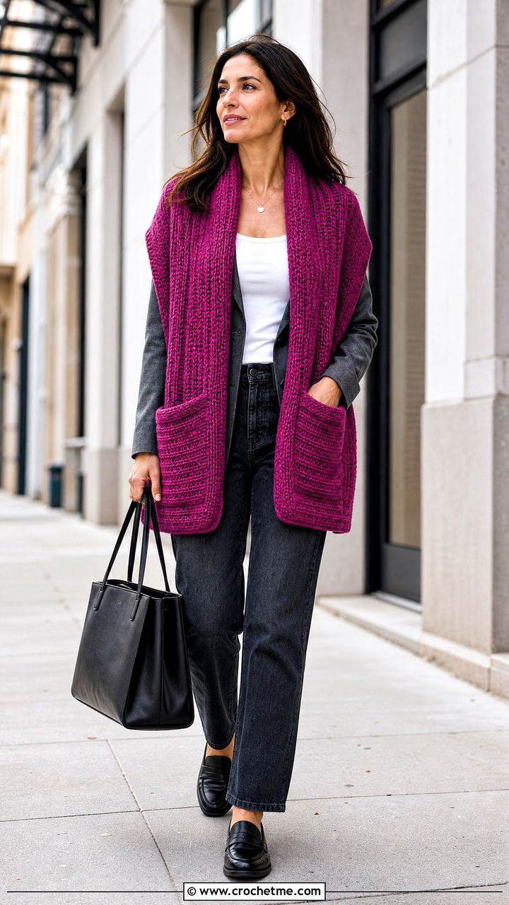 Post Stitch Crochet Pocket Shawl With Blazer And Jeans - 35 crochet pocket shawl outfit ideas