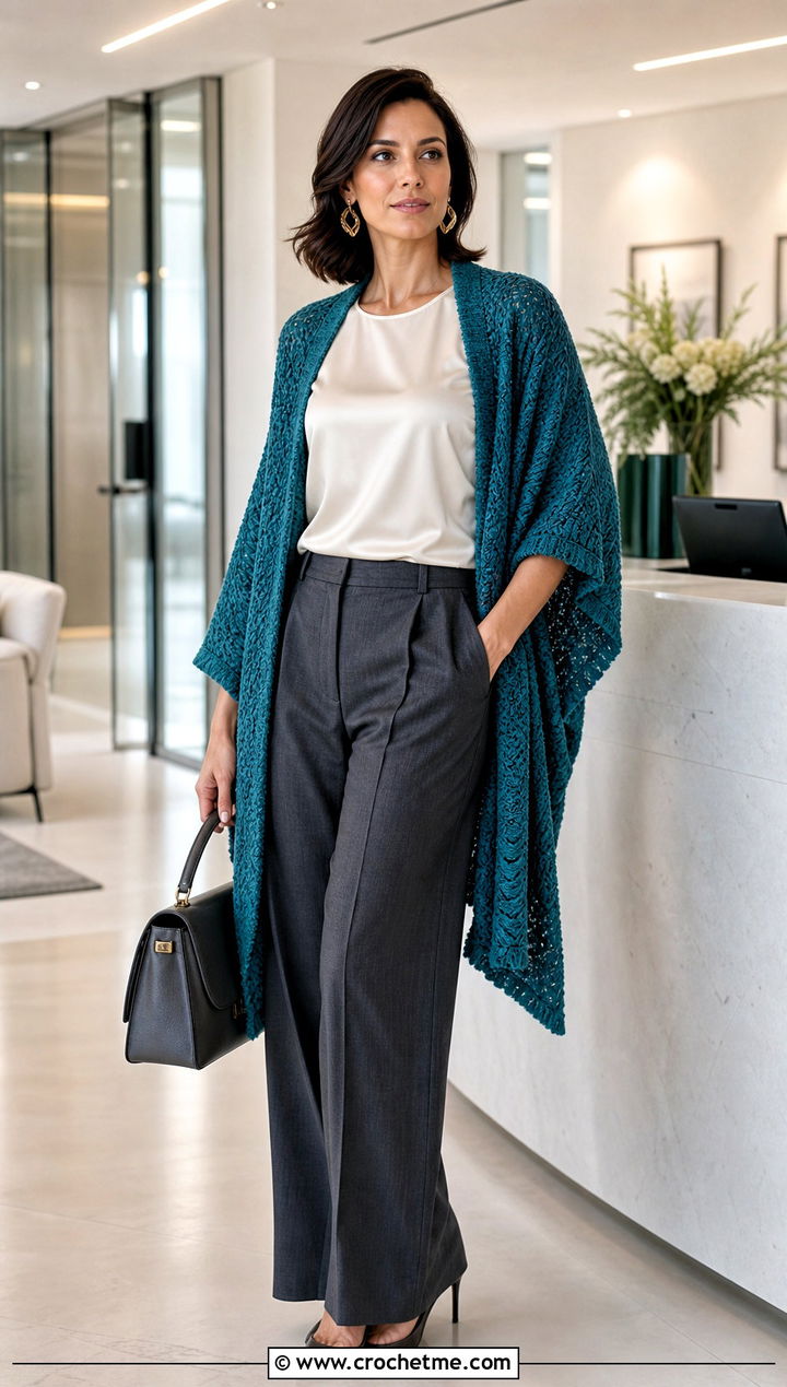 Post Virus Shawl With Tailored Trousers And Pumps - 15 crochet virus shawls outfit ideas