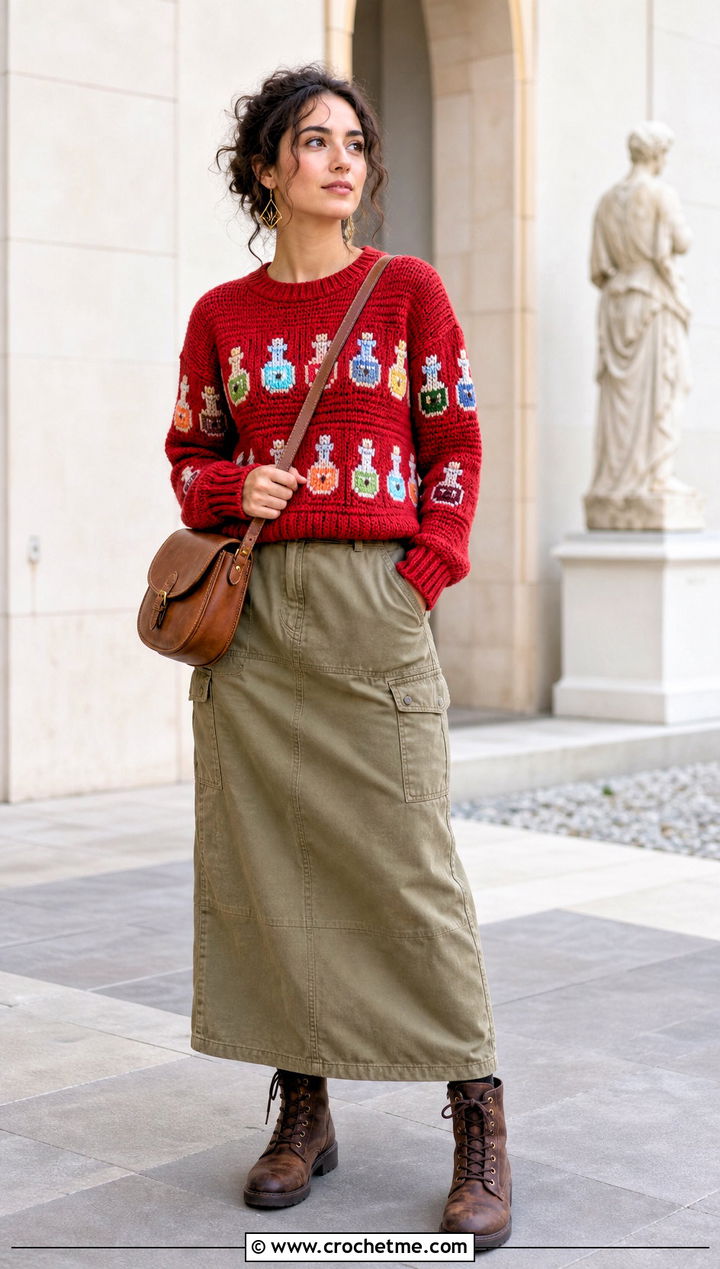 Potion Bottle Motif Crochet Sweater With Utility Maxi Skirt - 15 Spooky Crochet Sweater outfit ideas
