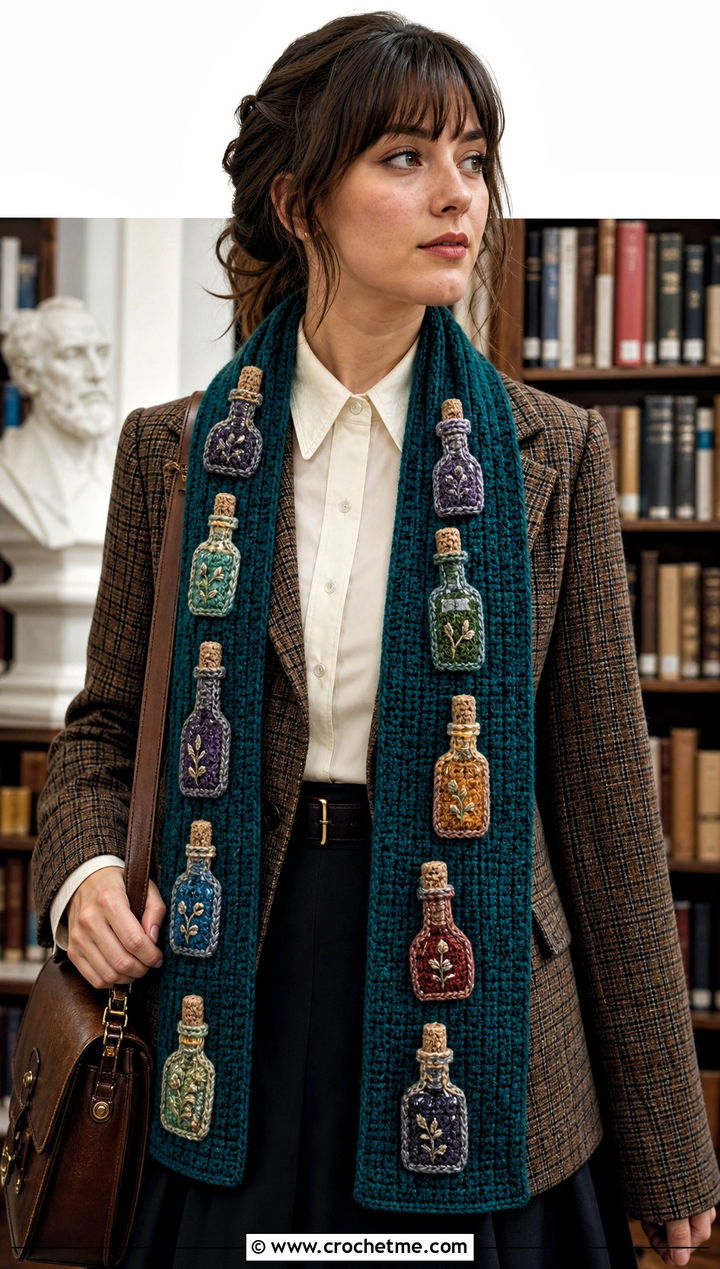 Potion Bottle Motif Halloween Scarf With Academia Outfit - 20 crochet halloween scarf outfit ideas