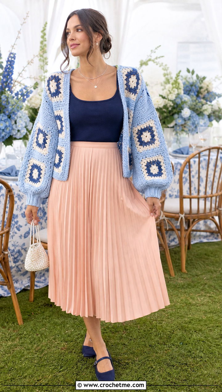 Powder Blue Balloon Sleeve Granny Square Cardigan With Pleated Skirt - 30 blue granny square cardigan outfit ideas