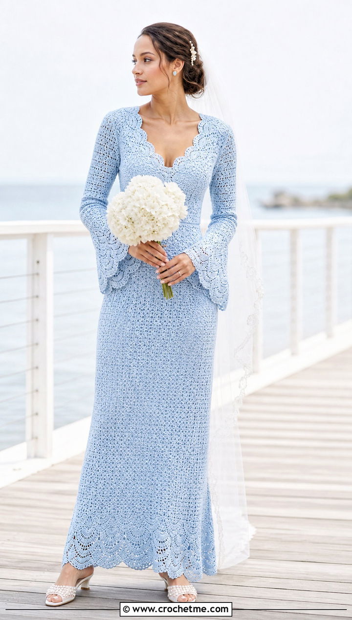 Powder Blue Scalloped Long Sleeve Crochet Wedding Dress With Ivory Mules - 15 long sleeve crochet wedding dress outfit ideas