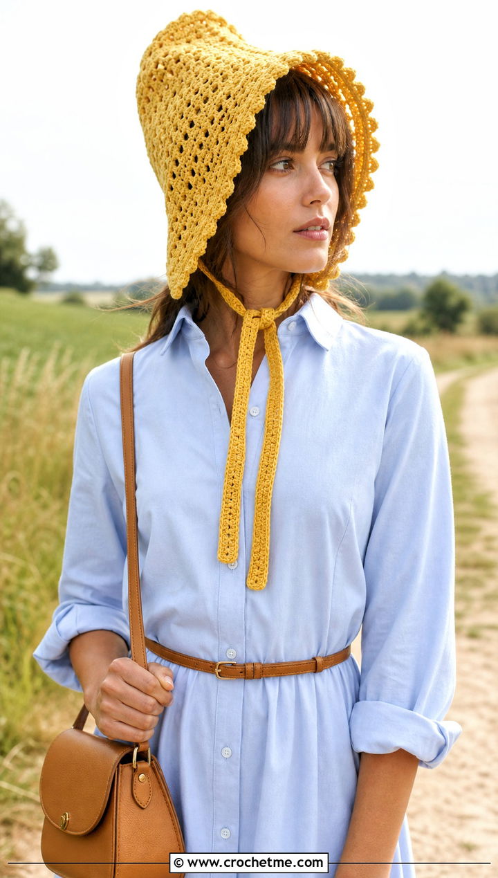 Prairie Crochet Bonnet With Shirt Dress - 25 Easy Crochet Bonnet outfit ideas