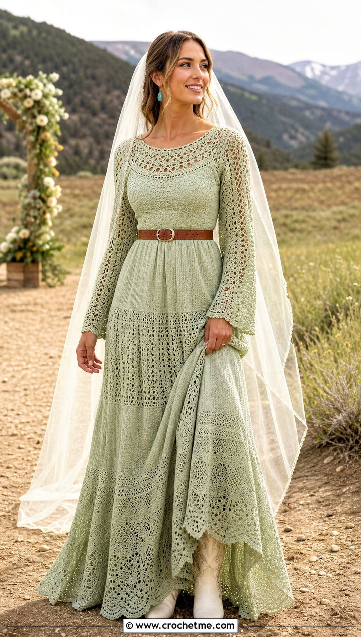 Prairie Crochet Wedding Dress With Western Boots - 20 vintage crochet wedding dress outfit ideas
