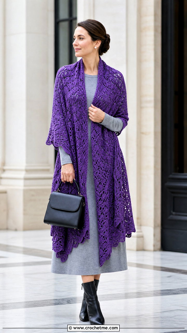 Prayer Style Lacy Crochet Shawl With Long Sleeve Dress - 35 lacy crochet shawl outfit ideas