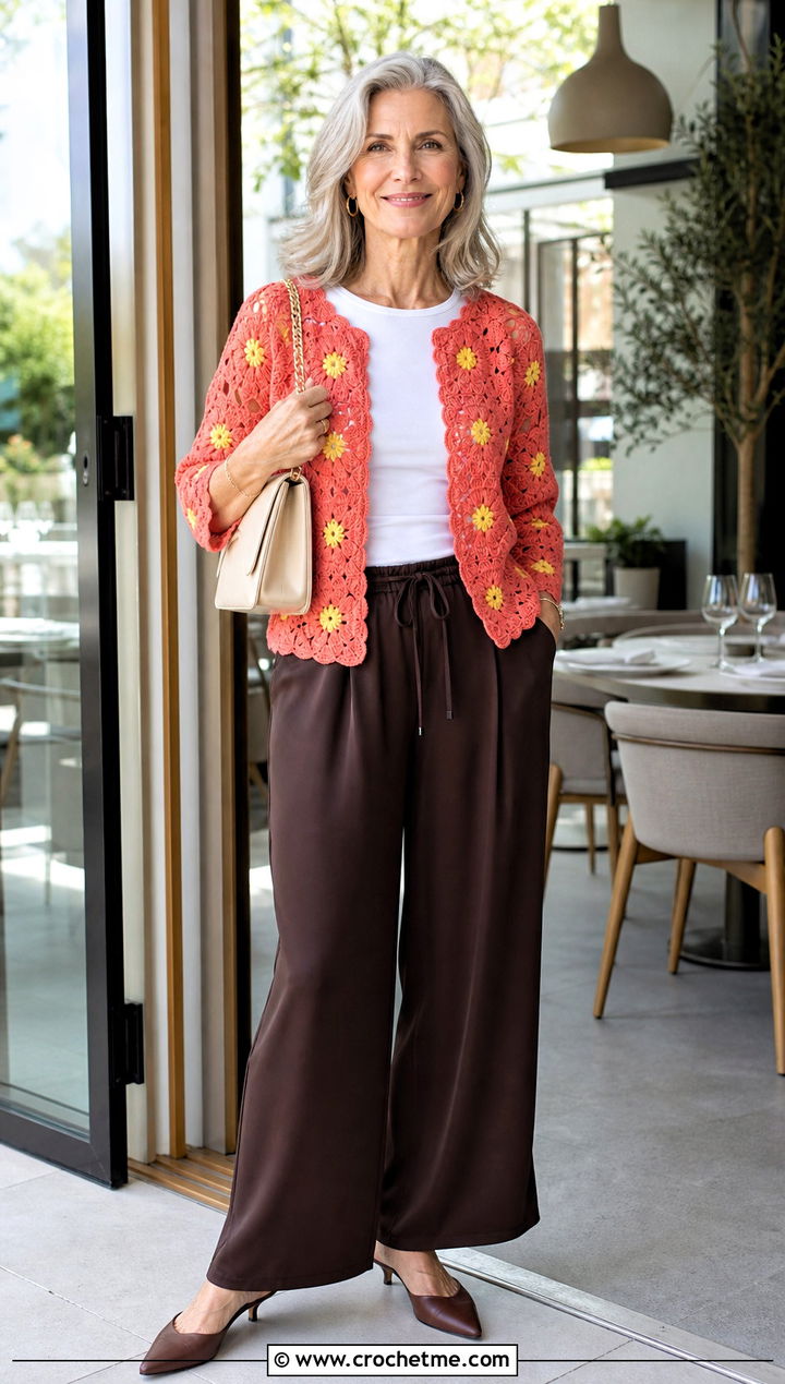 Primrose Cardigan With T Shirt And Silk Pants - 30 crochet flowers cardigan outfit ideas