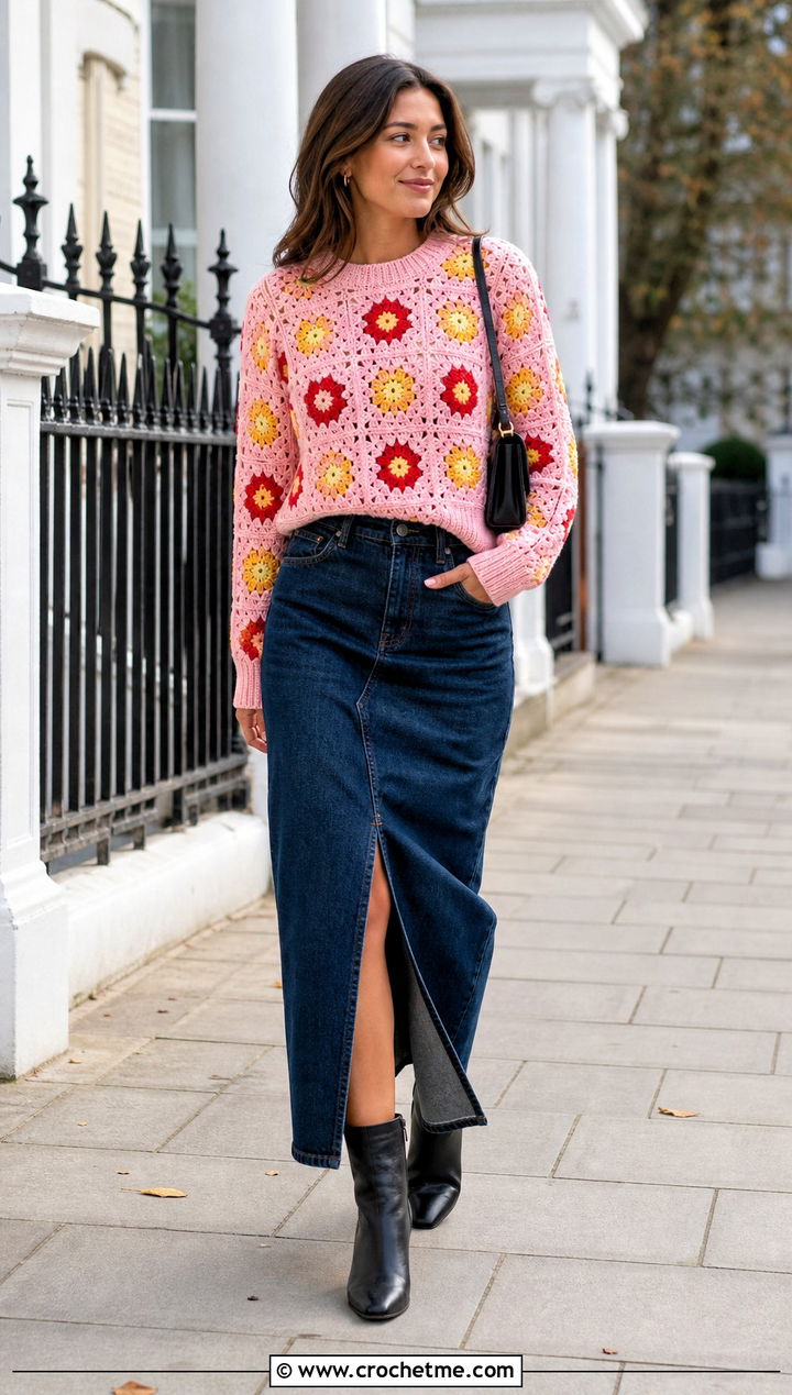 Primrose Flower Granny Square Sweater With Denim Maxi Skirt - 30 flower granny square sweater outfit ideas