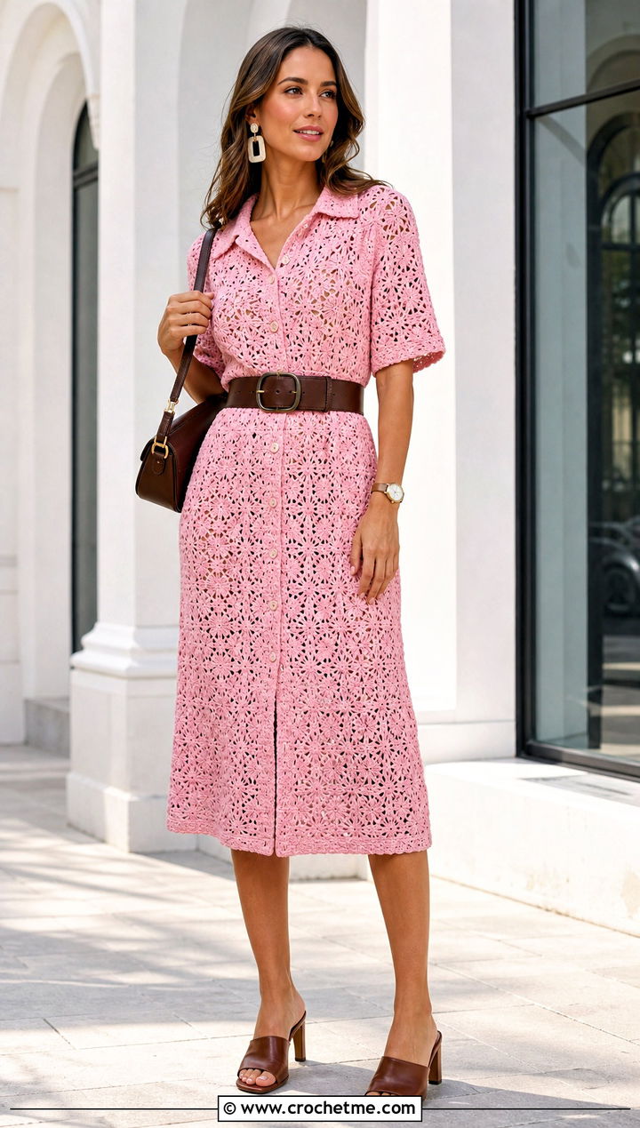 Primrose Stitch Shirt Dress With Wide Belt - 15 primrose stitch summer crochet dress outfit ideas