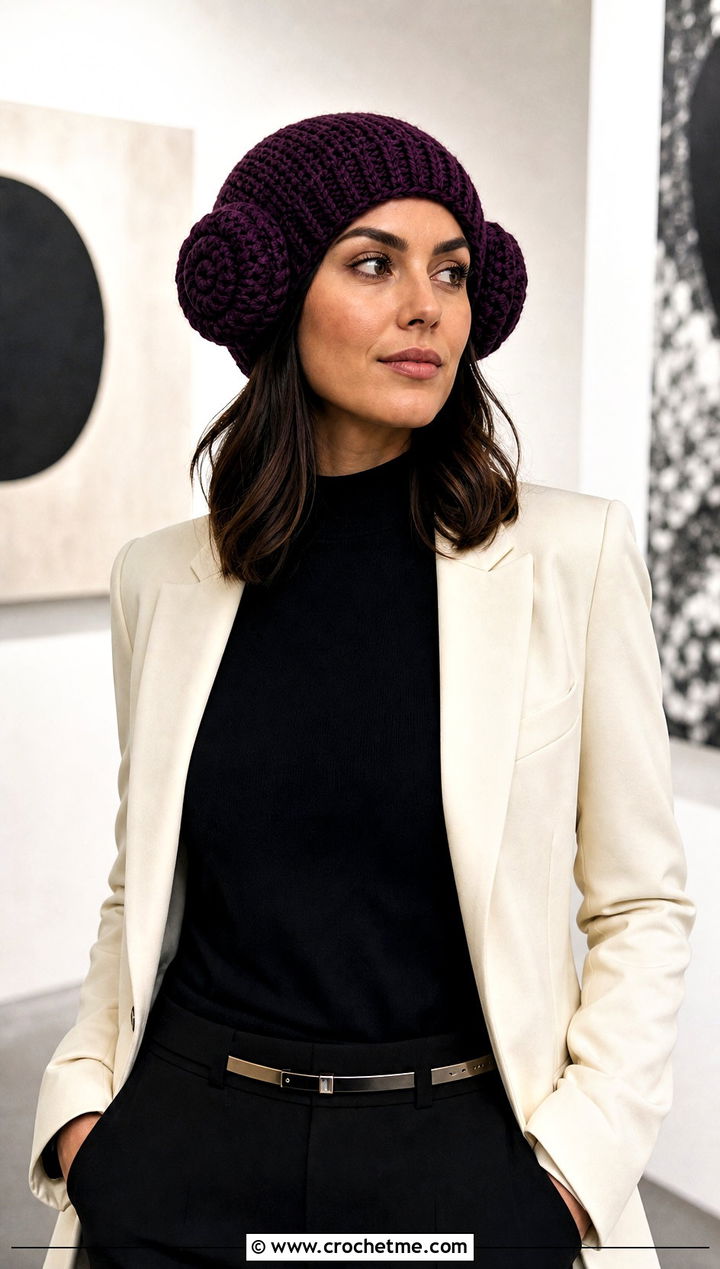Princess Leia Bun Beanie With Tailored Blazer - 15 Star Wars Crochet Hat outfit ideas