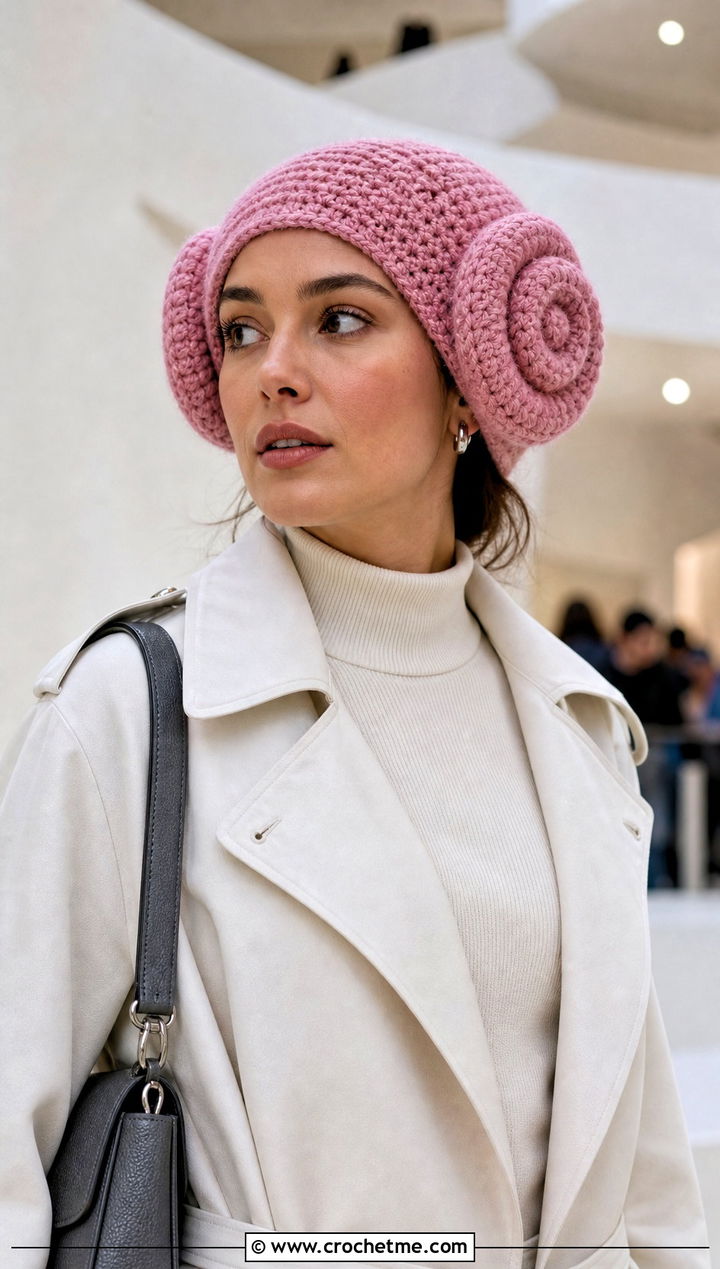 Princess Leia Bun Crochet Hat With White Trench Coat - 30 crochet star wars hat outfit ideas