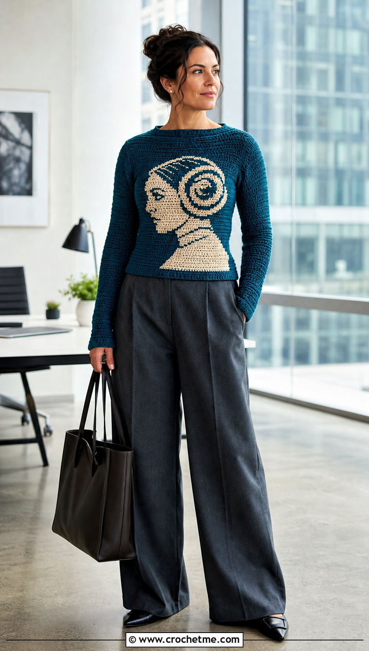 Princess Leia Fitted Crochet Sweater With Tailored Trousers - 20 Star Wars Crochet Sweater outfit ideas