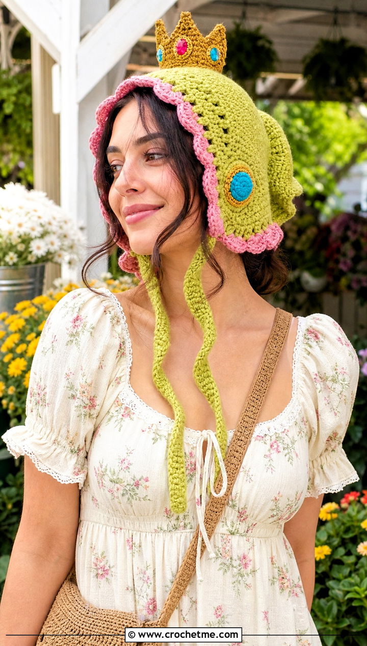 Princess Peach Crochet Bonnet With Prairie Dress - 20 Princess Peach Crochet Hat outfit ideas