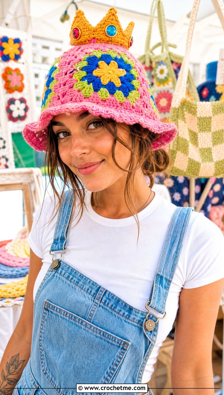 Princess Peach Crochet Granny Square Hat With Overalls - 20 Princess Peach Crochet Hat outfit ideas