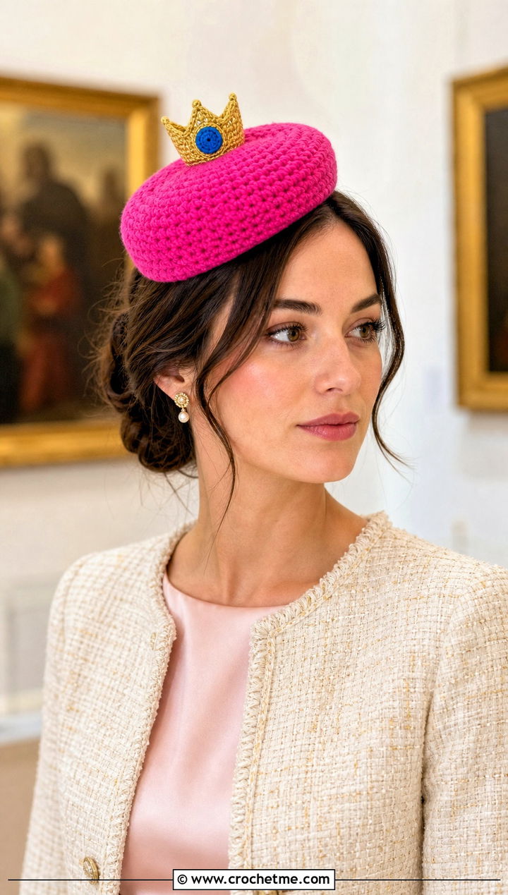 Princess Peach Crochet Pillbox Hat With Tweed Suit - 20 Princess Peach Crochet Hat outfit ideas