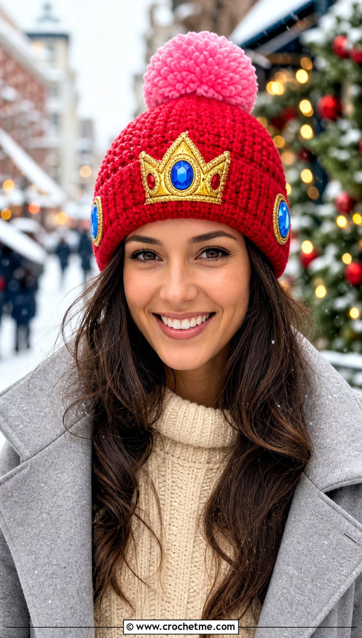 Princess Peach Crochet Pom Pom Beanie With Sweater Dress - 20 Princess Peach Crochet Hat outfit ideas