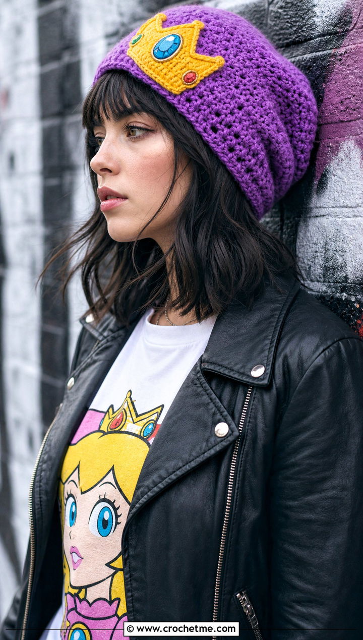 Princess Peach Crochet Slouch Beanie With Leather Jacket - 20 Princess Peach Crochet Hat outfit ideas