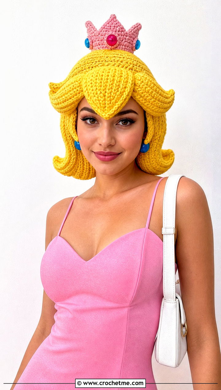 Princess Peach Crochet Wig Hat With Pink Mini Dress - 20 Princess Peach Crochet Hat outfit ideas
