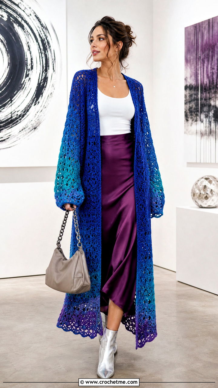 Prismatic Blue Longline Crochet Cardigan Sweater With Slip Skirt - 35 blue crochet sweater outfit ideas