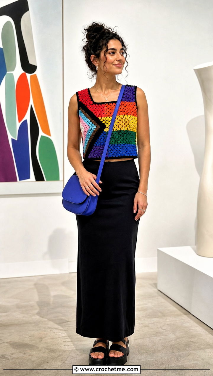 Progress Pride Crochet Patchwork Top With Black Maxi Skirt - 35 crochet pride top outfit ideas