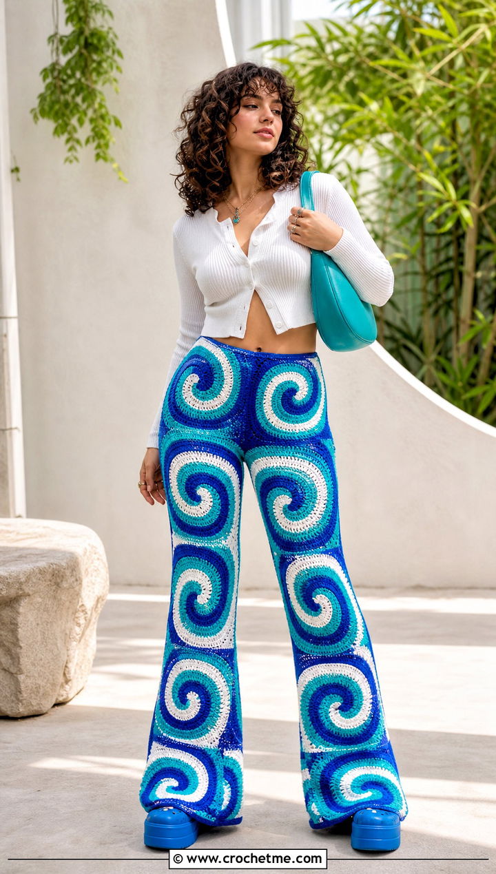 Psychedelic Swirl Crochet Pants With Cropped Cardigan - 25 colorful crochet pants outfit ideas